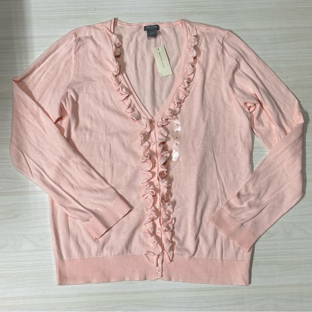 Ann Taylor NWT Pink bottom front with Ruffle Cardigan Size L